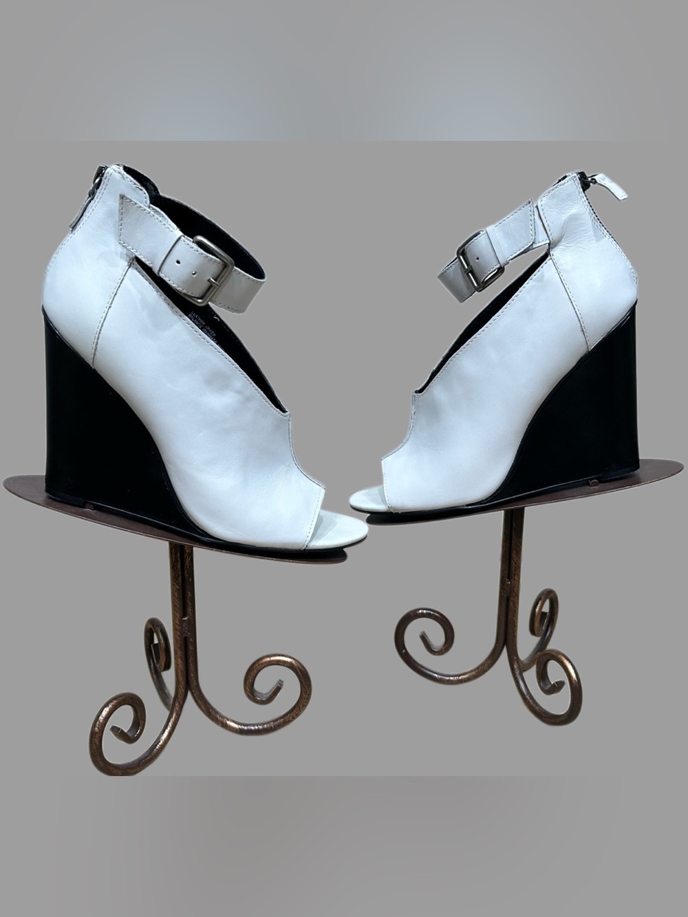 Trouve White and Black Leather Ankle-Strap Wedge Sandals